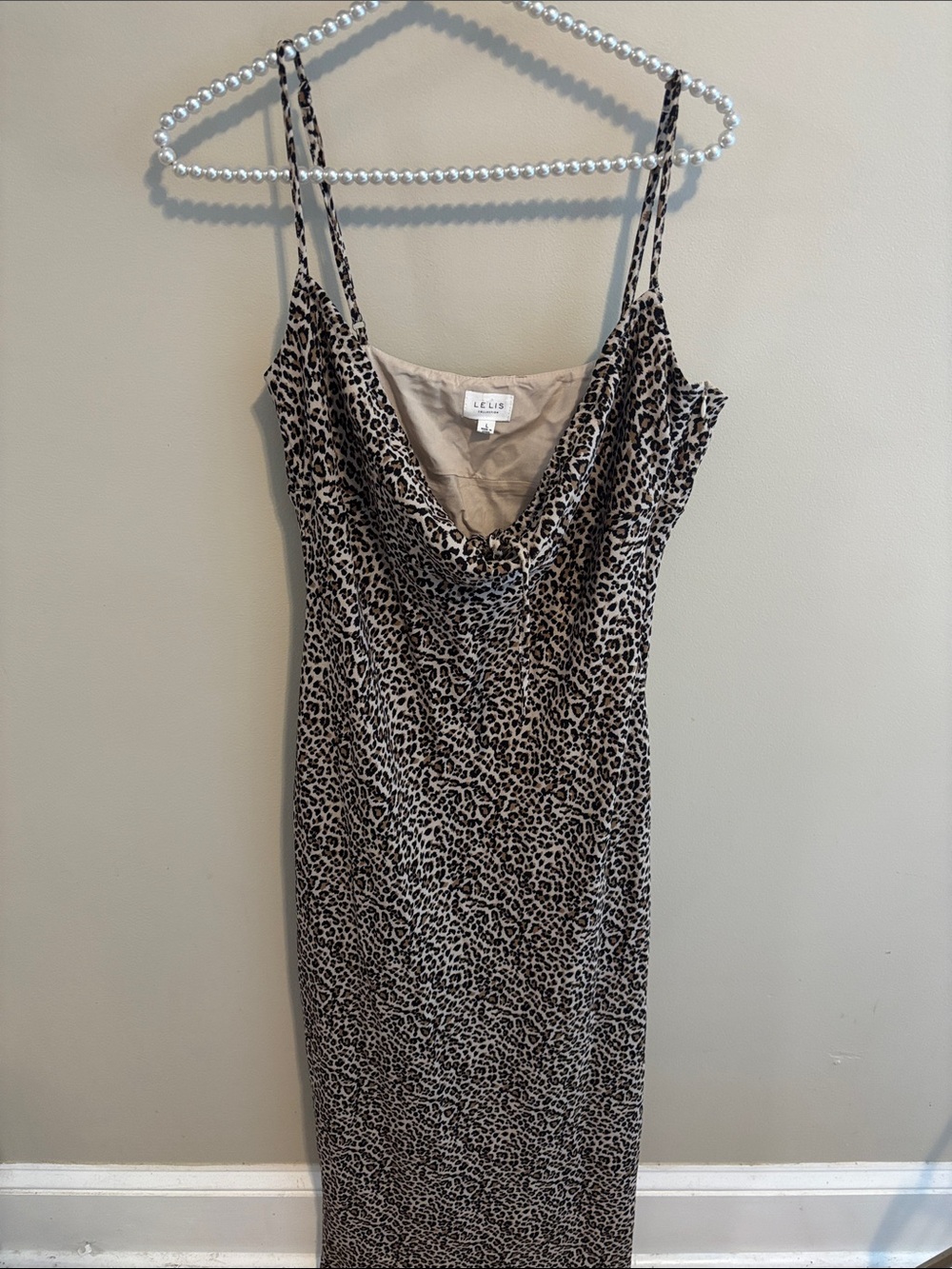 Le Lis Collection Leopard Print Maxi Dress Large Cowl Neck Spaghetti Strap Lined